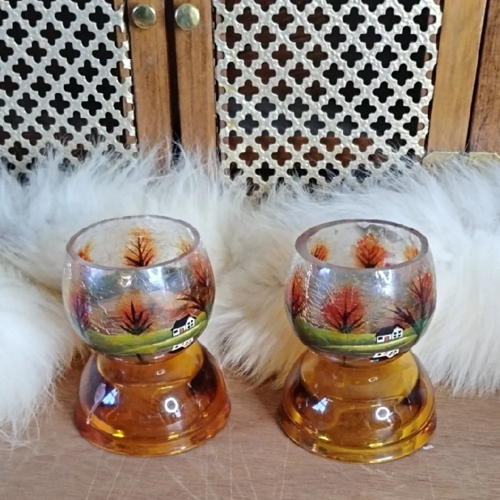 . Vintage Hand Painted Glass Candle Holders - Autumn Country Farmhouse Scene